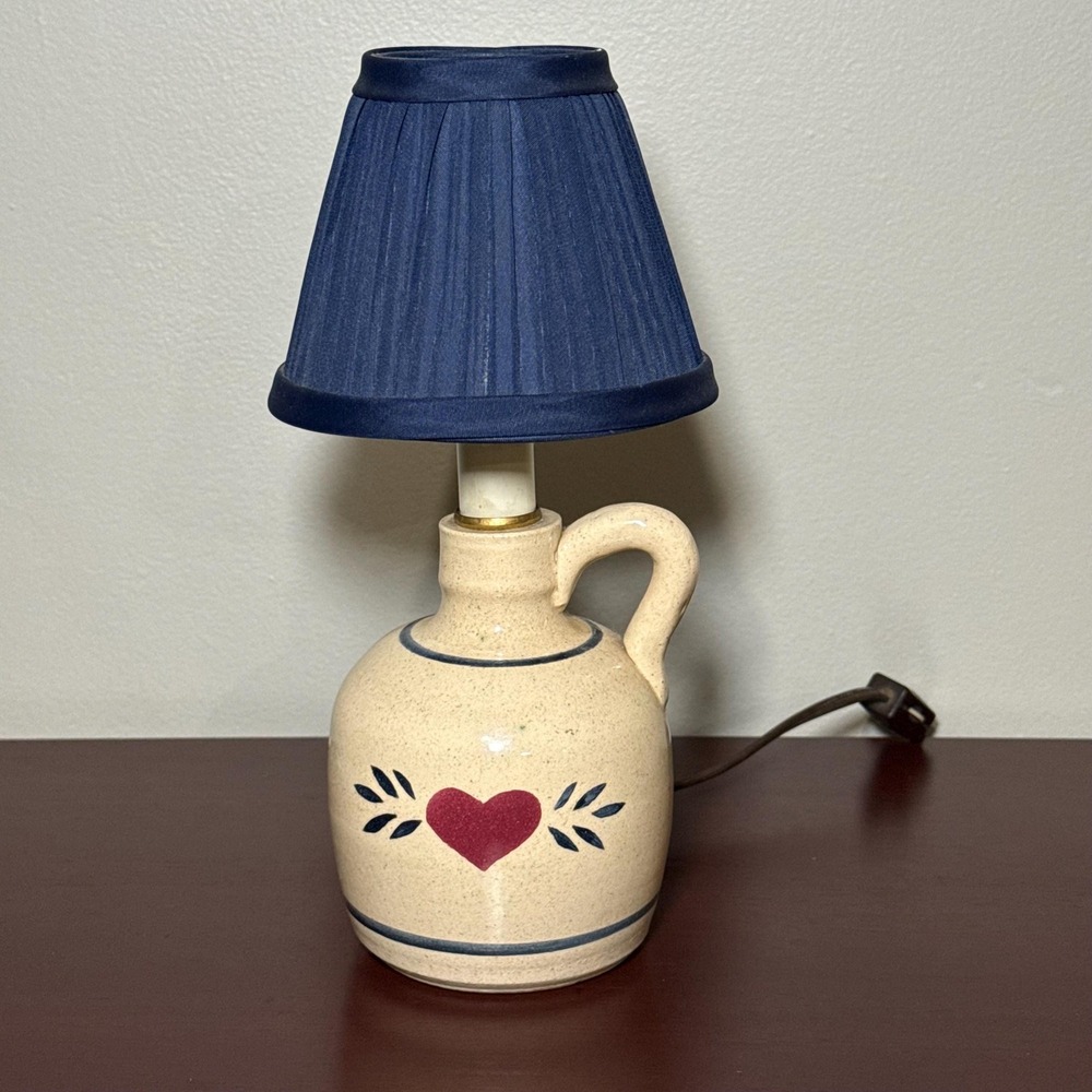 Vintage Farmhouse Country Pottery Crock Lamp w/ Hand Painted Heart & Blue Shade